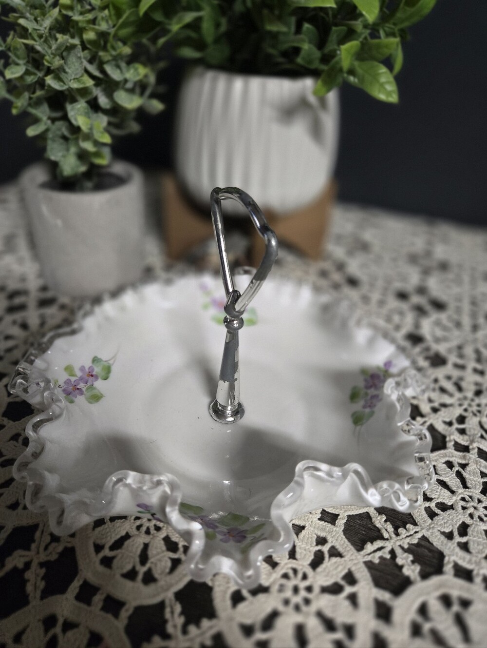 Vintage Fenton Porcelain Tidbit Dish with Silver Handle | Ruffled Floral